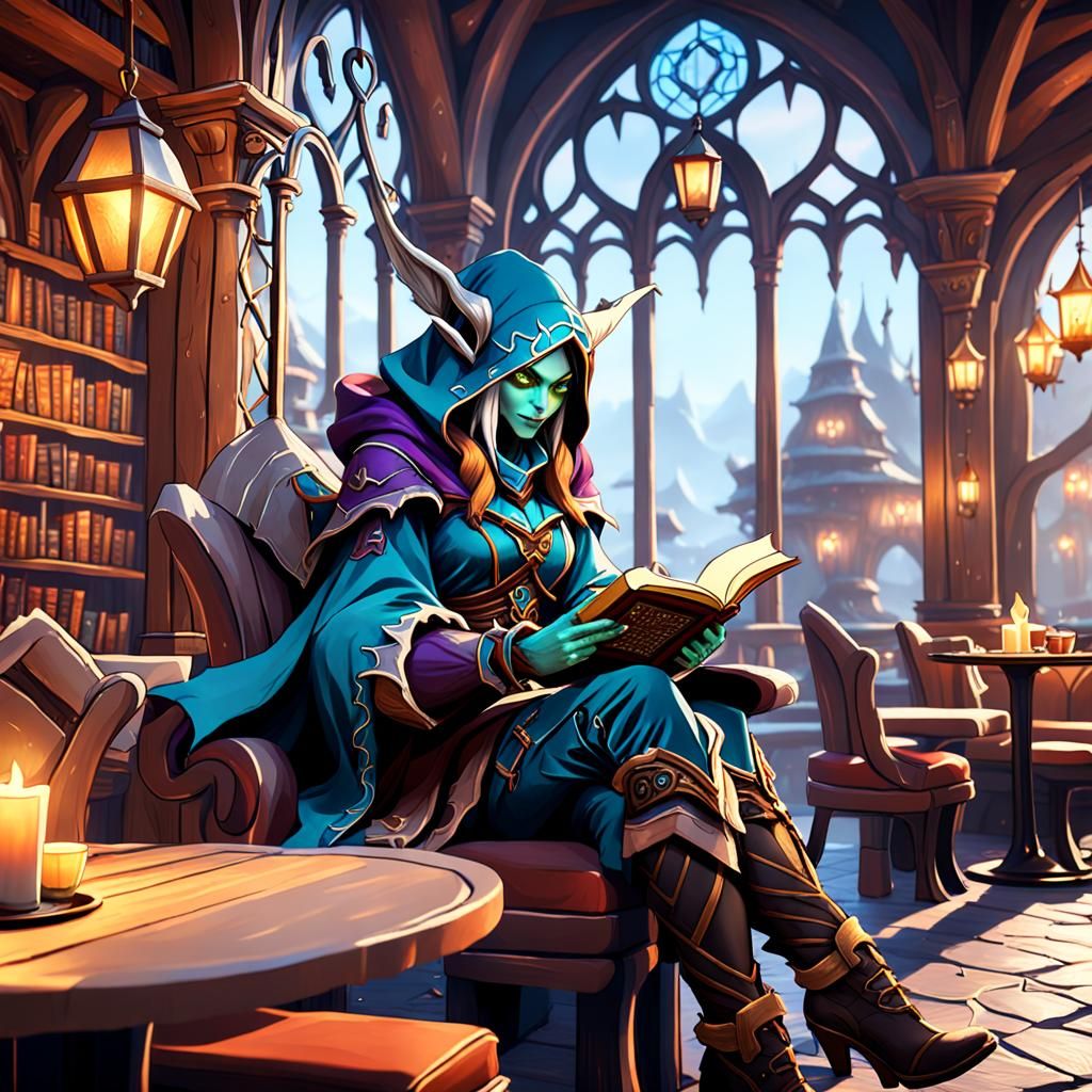 Sylvanas in High Fantasy Cafe, Detailed Matte Painting
