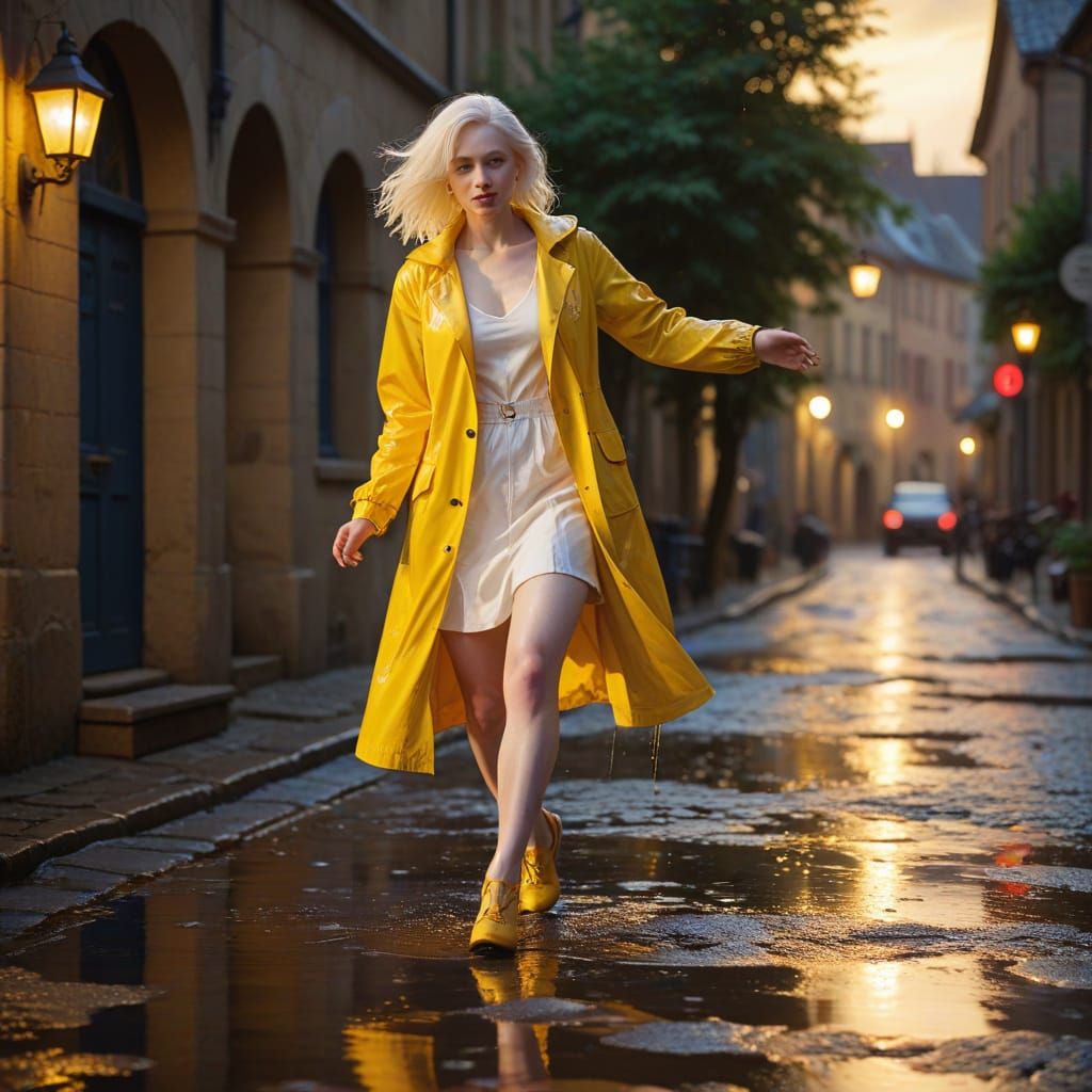 Woman in Yellow Raincoat: Impressionistic Summer Rain