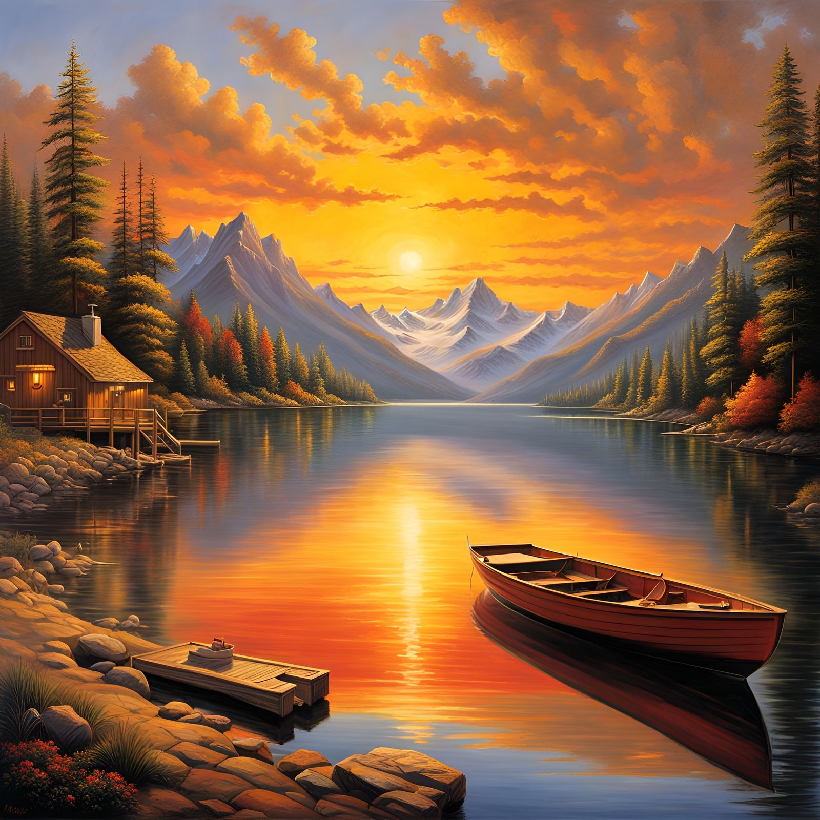 Golden Sunset Over Mountain Lake in Oil Painting