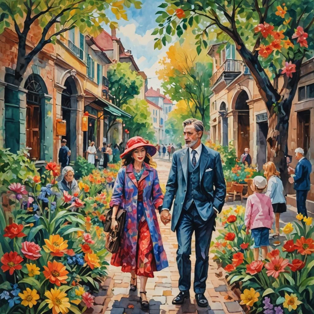 Impressionist Gouache Painting: Rich and Poor in Love