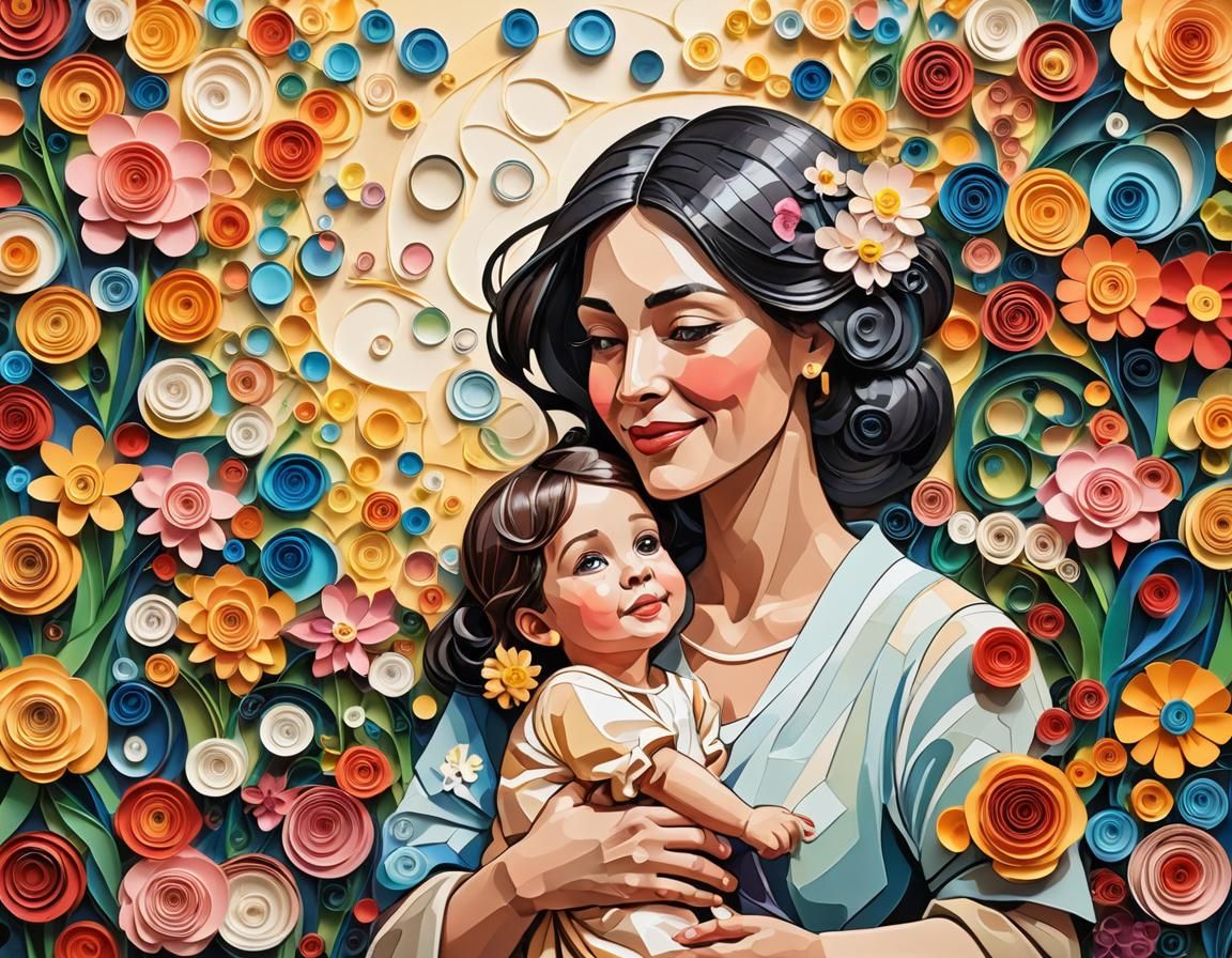 Mother and Child in Cubist Art Deco Style