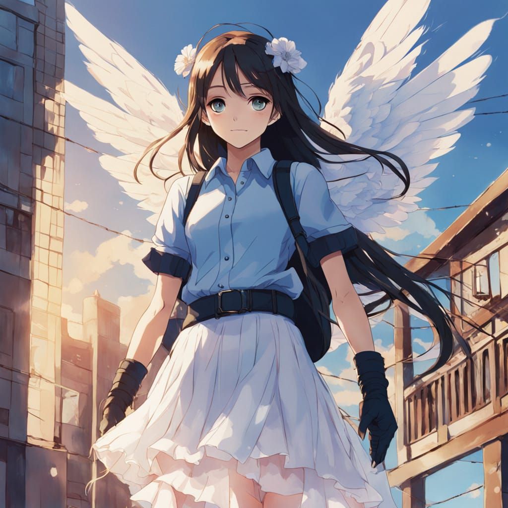 Girl with Angelic Wings in Front of Anime Academy