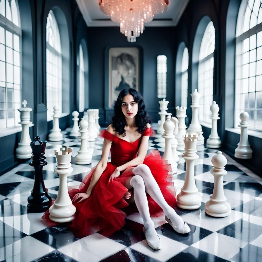 Woman in Red Dress Among Crystalline Chess Pieces