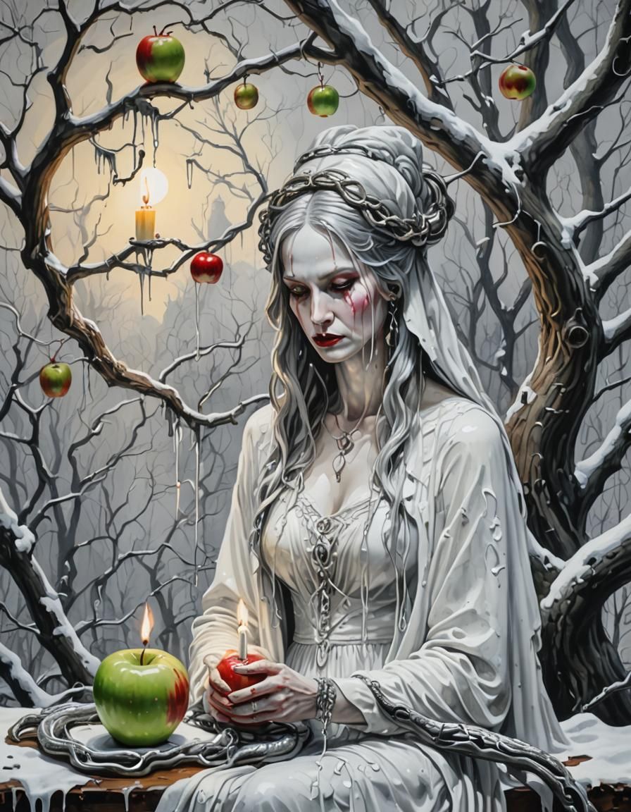 Gothic Winter Apple with Snake, in Gouache Style