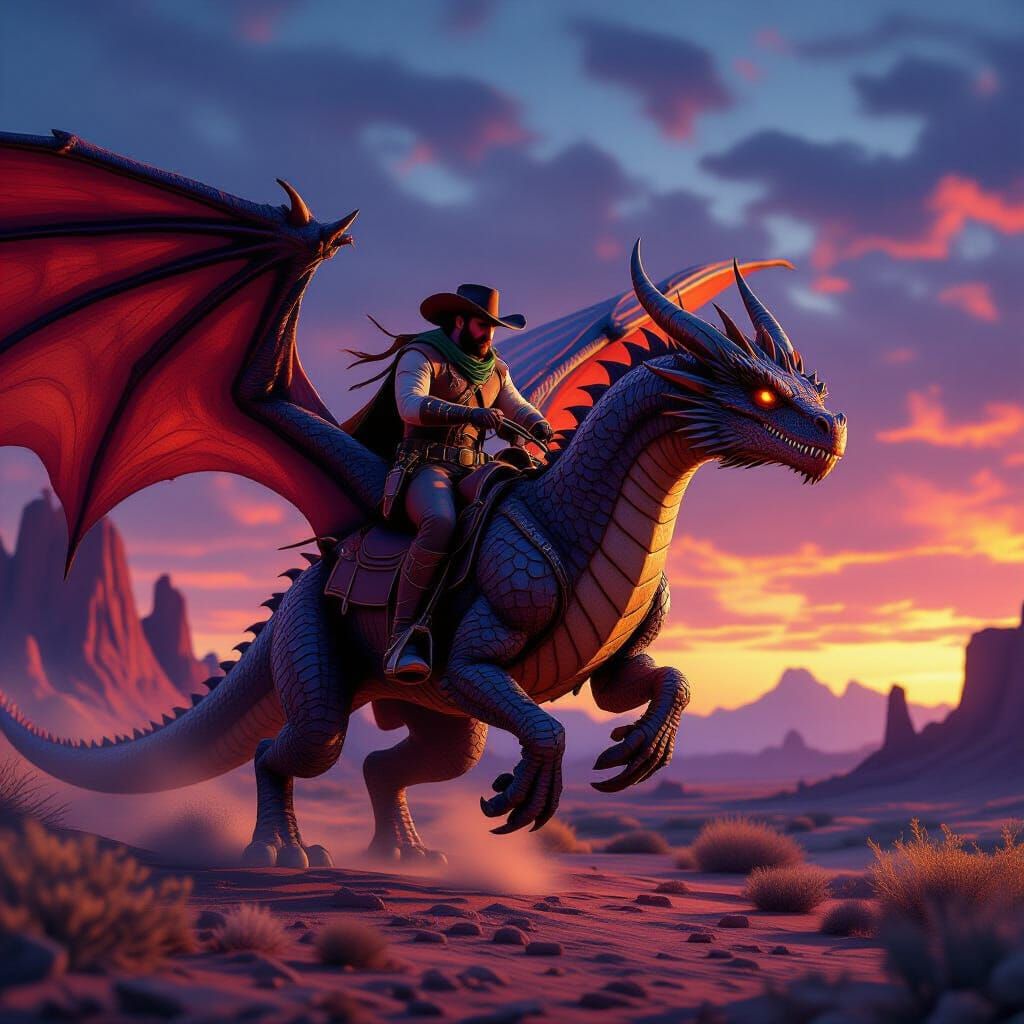 Cowboy Rides Majestic Dragon Through Alien Twilight