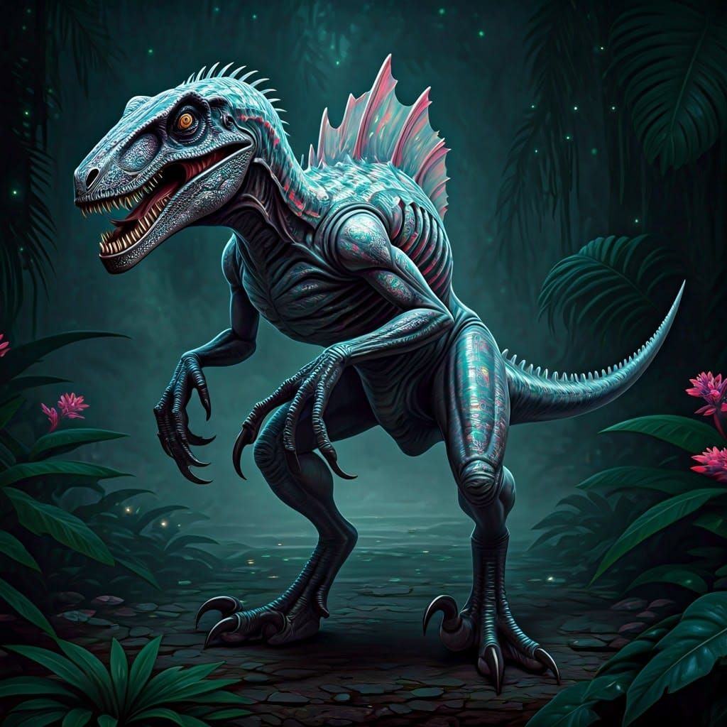 Menacing Xenomorph-Velociraptor Hybrid in Bioluminescent Jun...