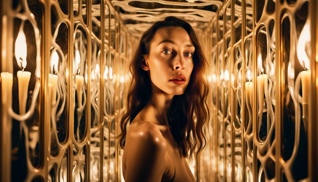 Surreal Woman in Distorted Mirror Maze