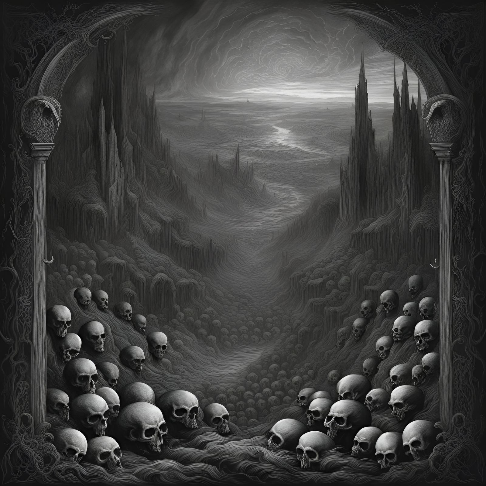 Hellish Landscape with Skulls in Black Metal Style