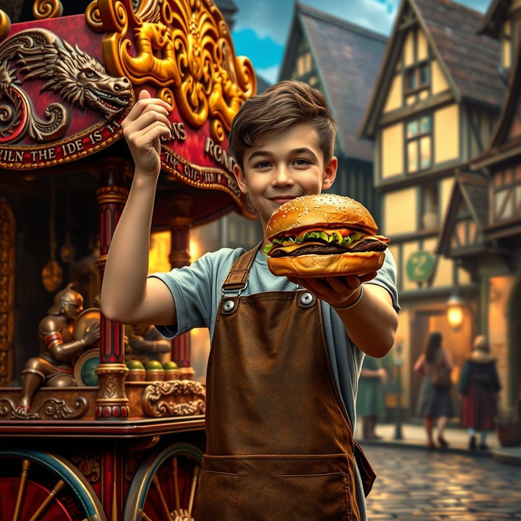 Medieval Boy Holds Up Juicy Burger in Colorful Village Scene