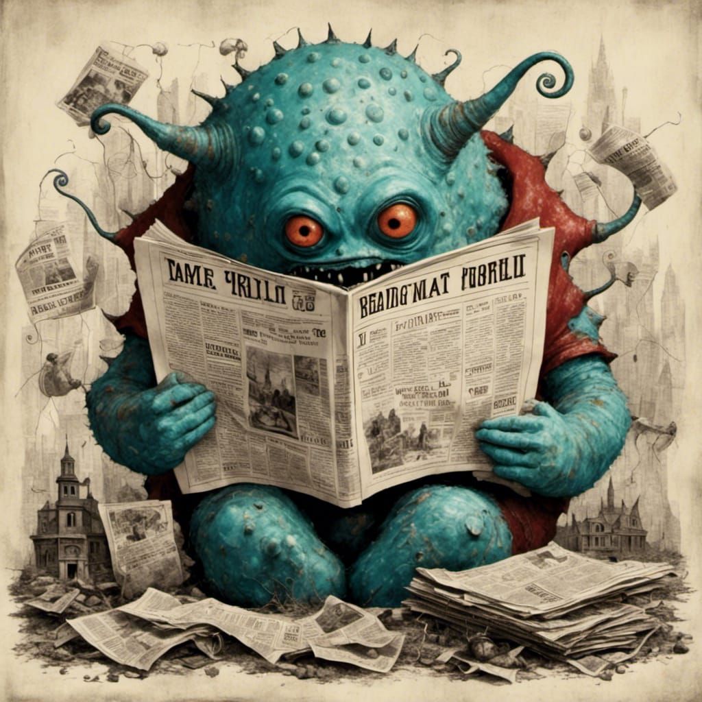 Surreal Little Monster Reads Newspaper