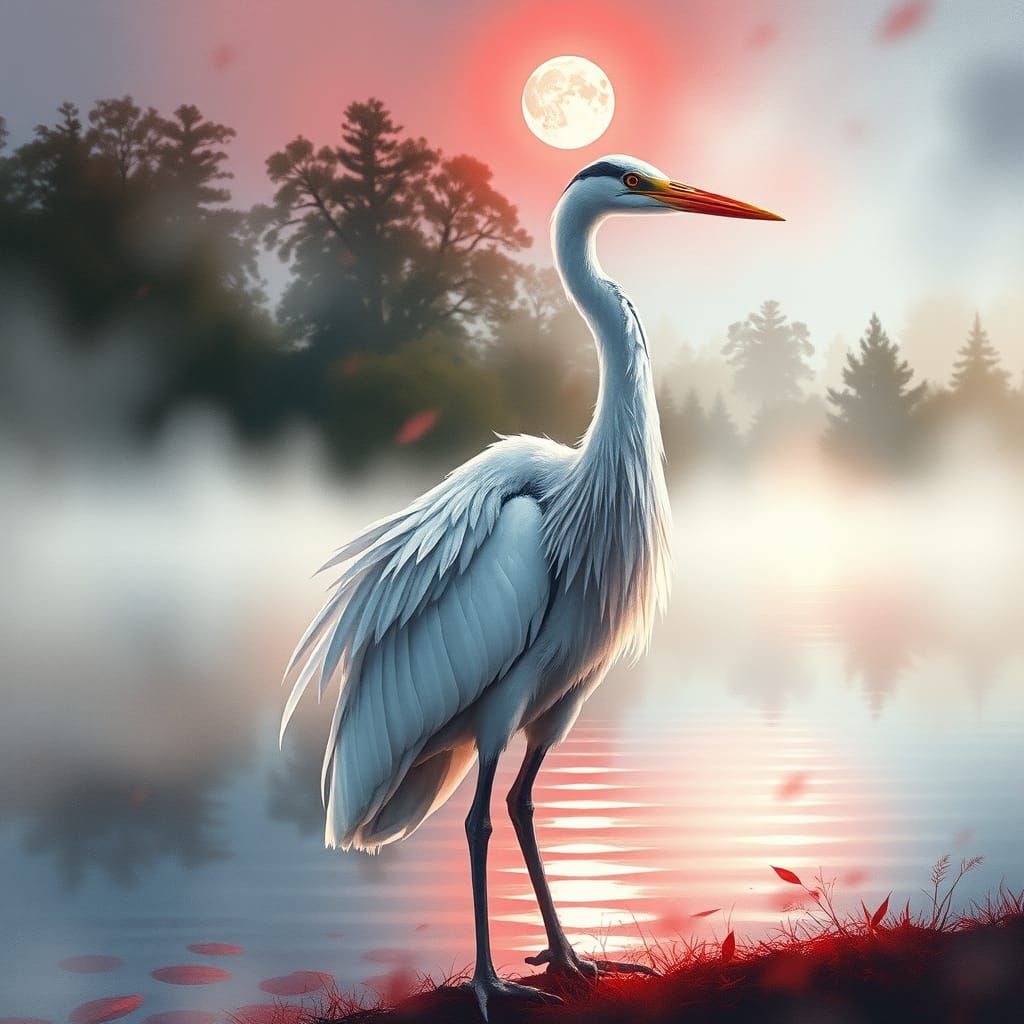 Majestic White Heron in Lunar Glow