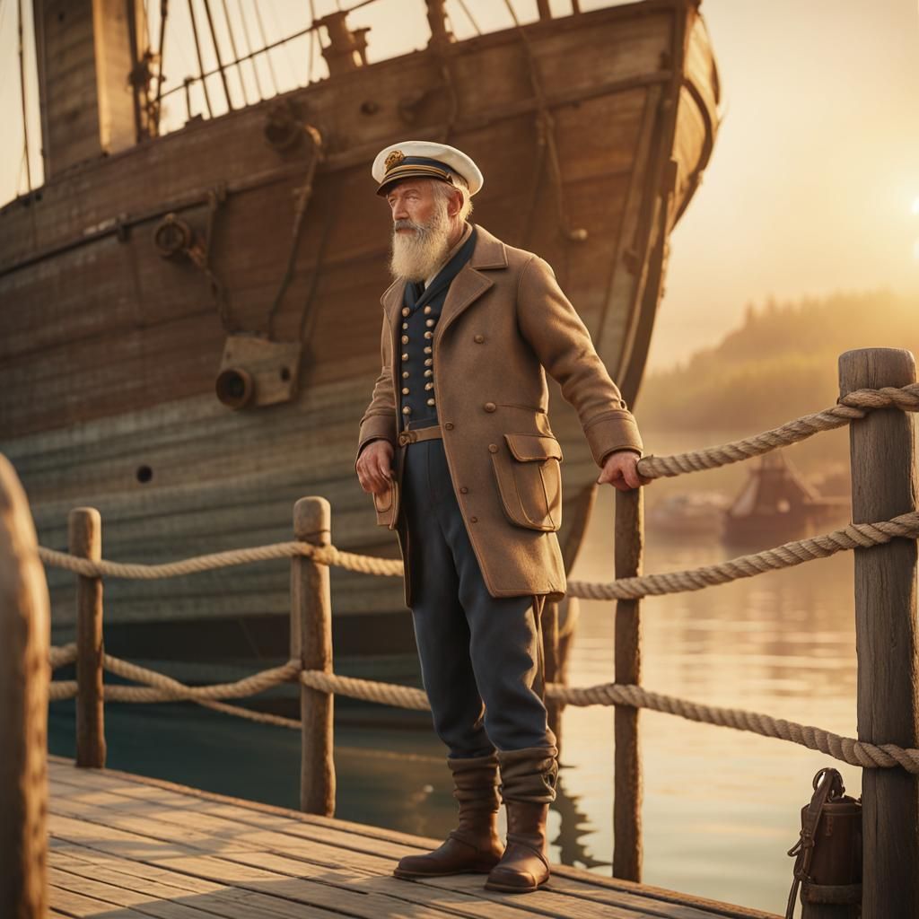 Grizzled Sailor Waves on Dock in Folk Art Style