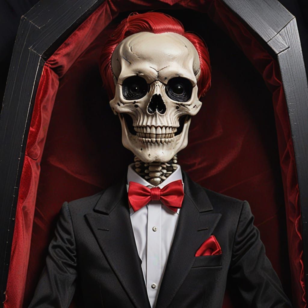 Skeleton in Tuxedo Grinning in Velvet Coffin