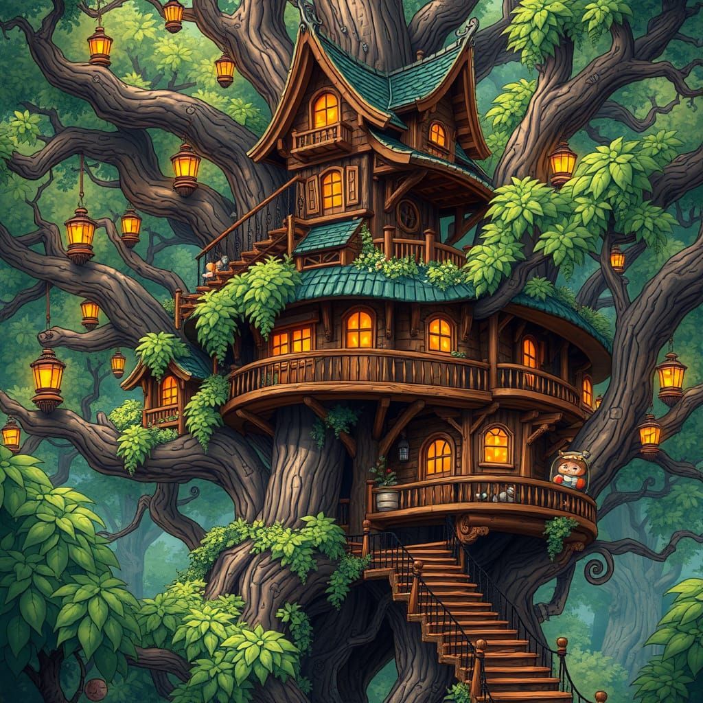 Majestic Treehouse with Lanterns in Whimsical Style