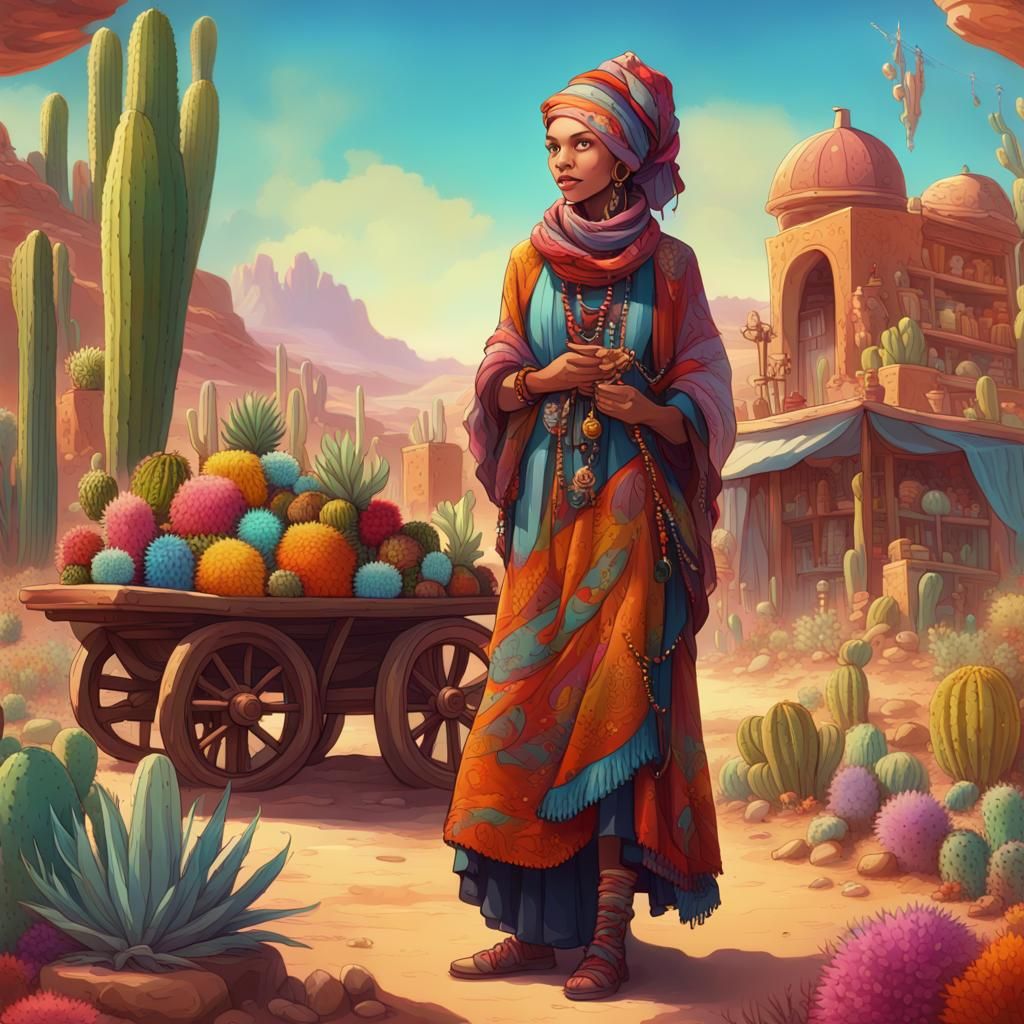 Fantasy Merchant Girl in Desert Oasis: Detailed Matte Painti...