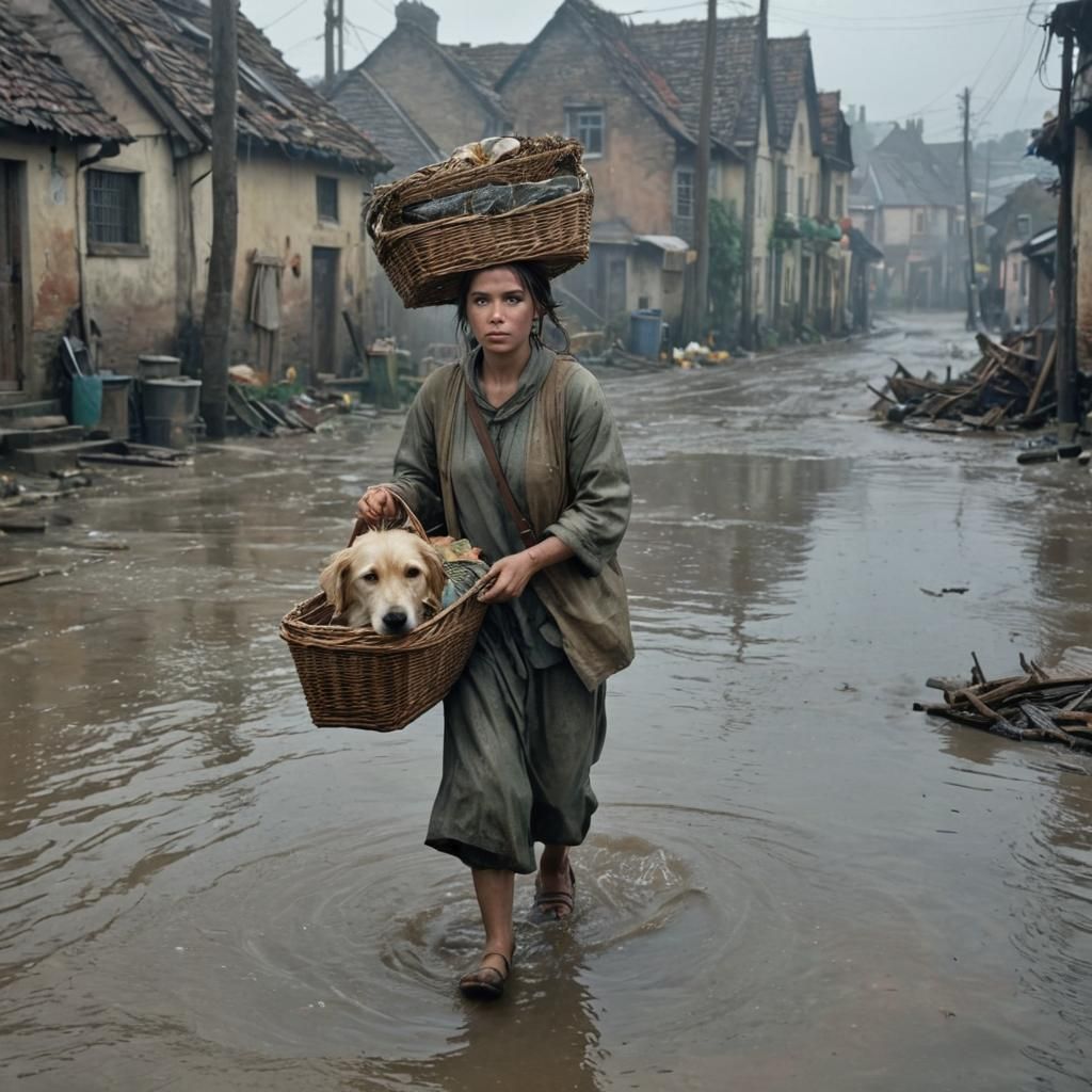 Resilient Woman Navigates Flooded Village in 3D