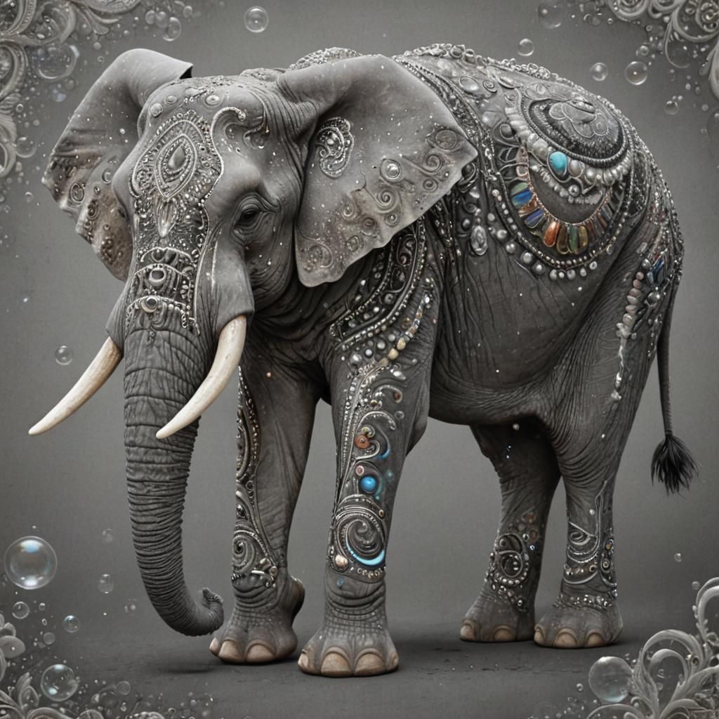 Elephant with Luminescent Bubbles in Black and White