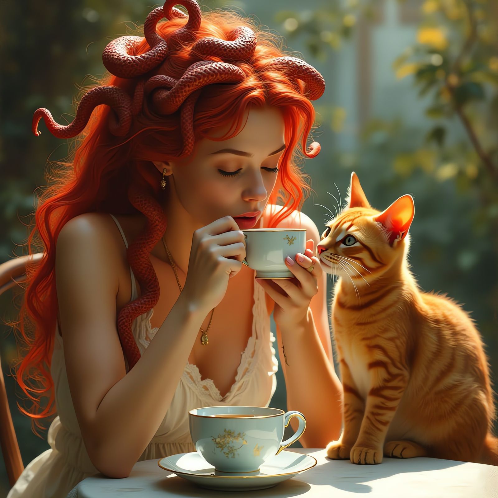 Greek Woman With Snake Hair Drinks Tea With Cat