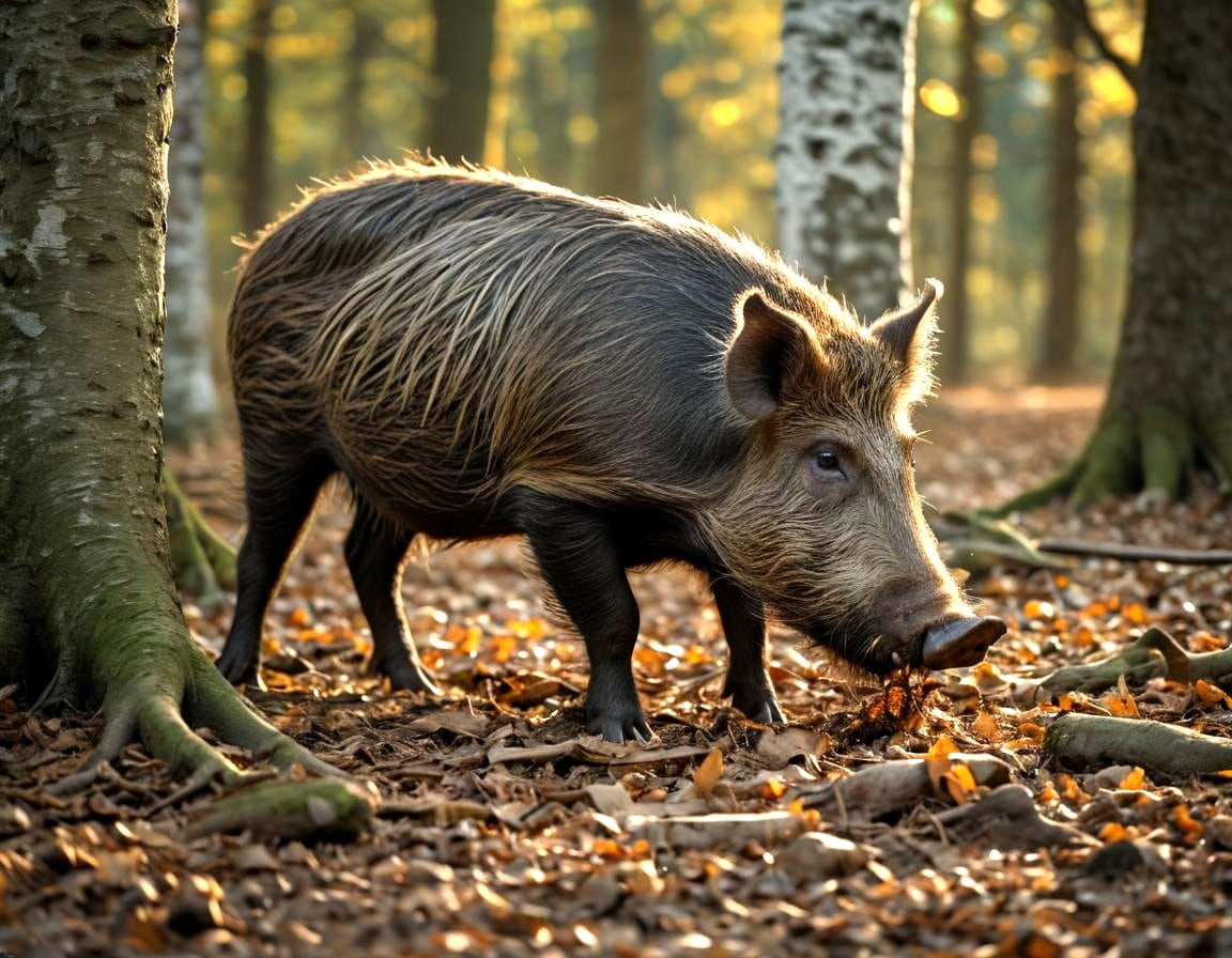 Wild Boar Foraging in Oak and Birch Forest