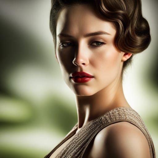 Young Woman in 1950s Dress, Hyperrealistic Portrait