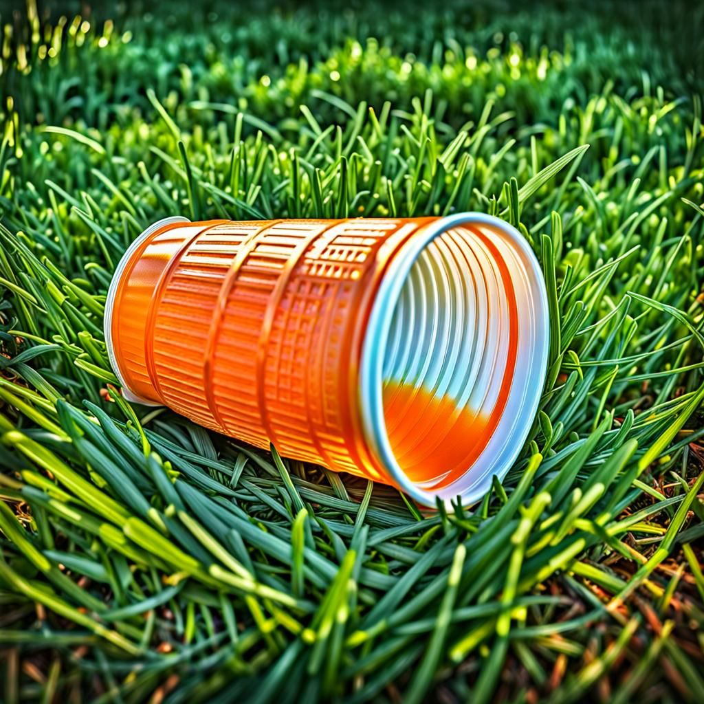 Overturned Orangeade Cup on Grass, Hyperrealistic Image