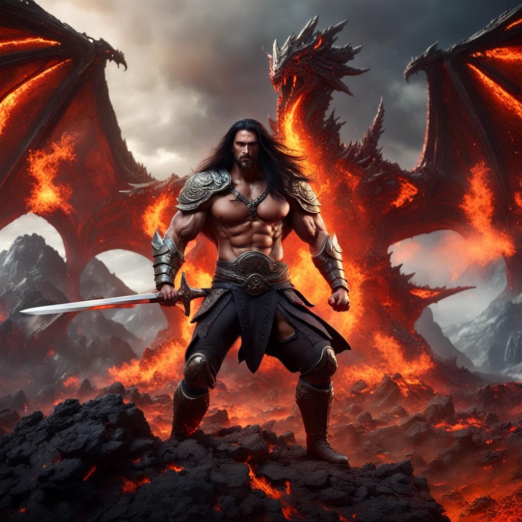 Muscular Warrior in Volcanic Landscape: Digital Art