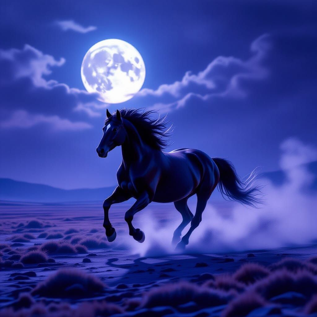 Spectral Horse Gallops in Moonlit Mist, Impasto Style