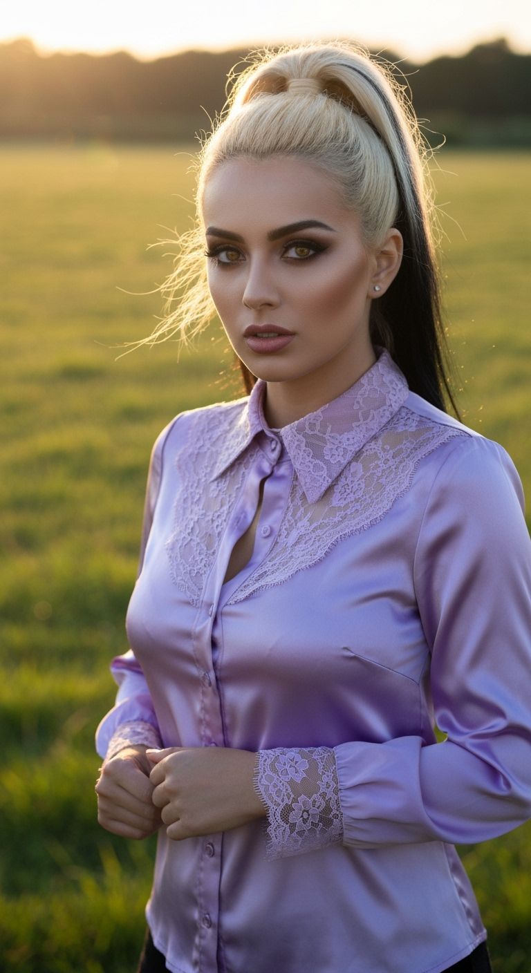 Stunning Woman in Lavender Blouse in Golden Hour Field