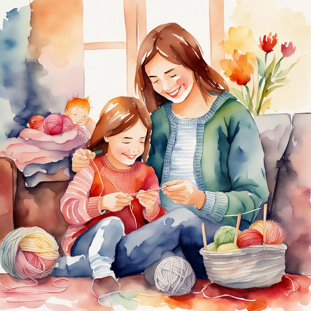 Cozy Watercolor of Mother and Daughter Knitting