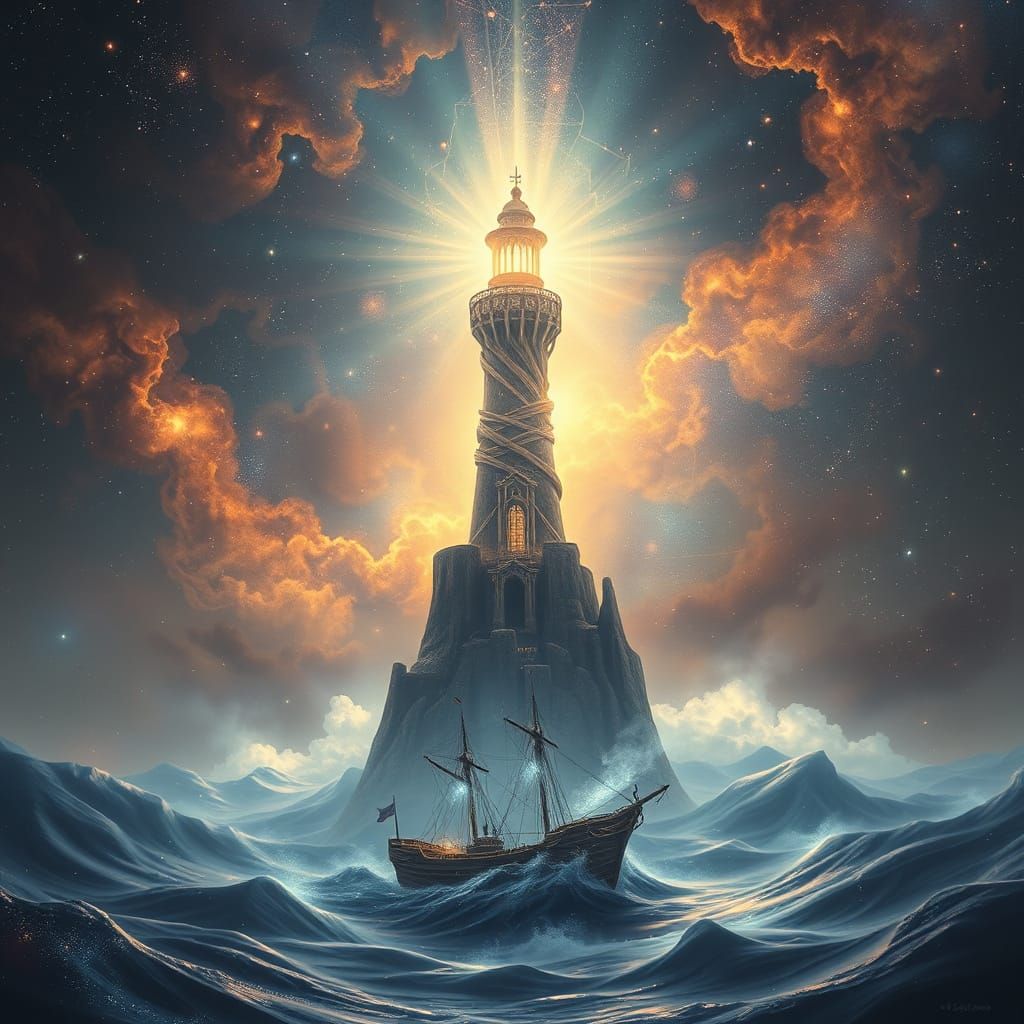 Celestial Lighthouse Guiding Phantom Ship Through Stardust S...