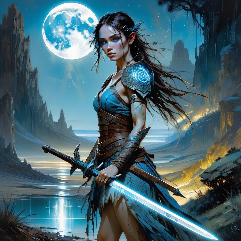 Moonlit Girl Warrior with Glowing Sword