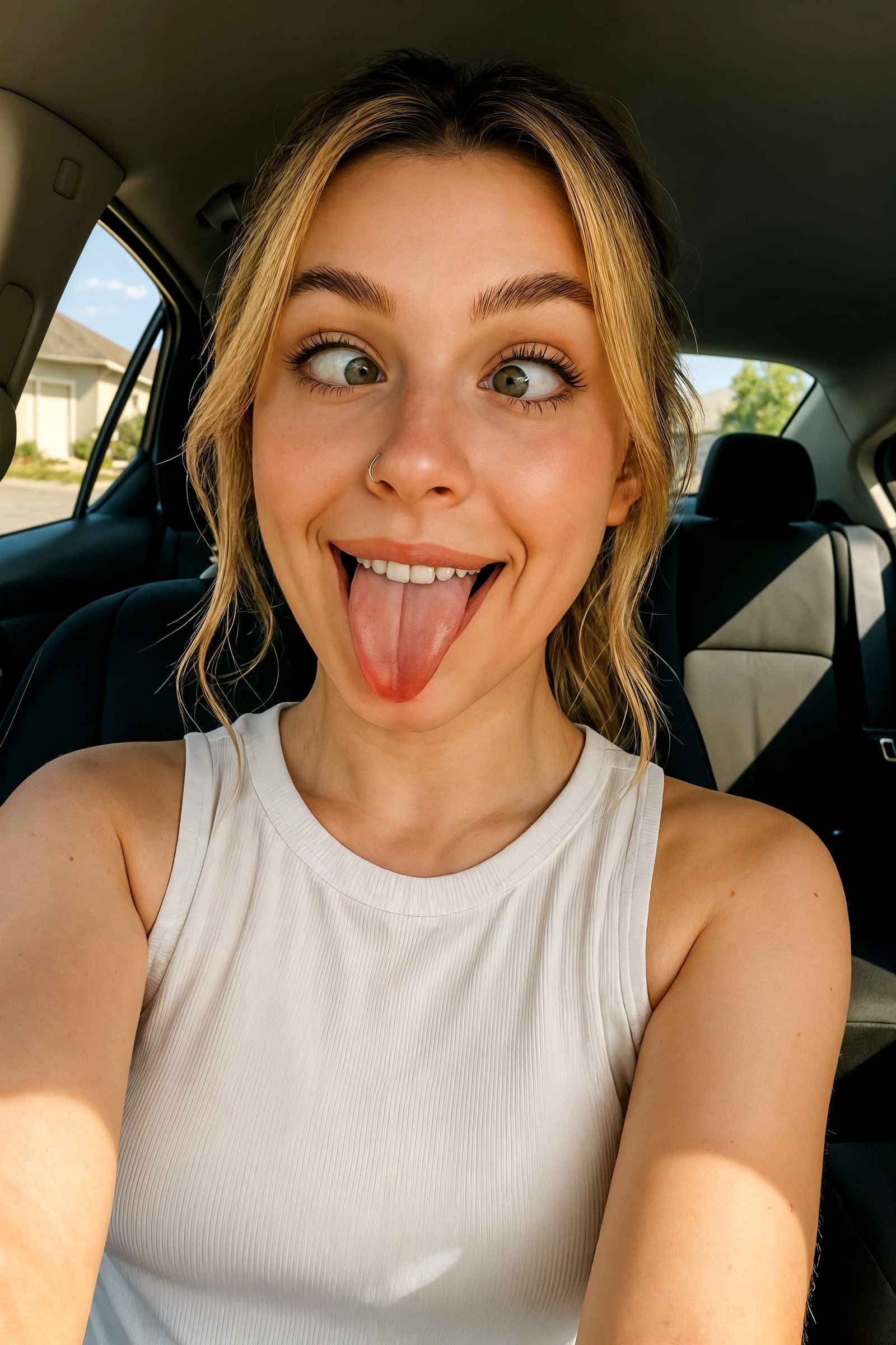Playful Selfie of Young Woman in Car