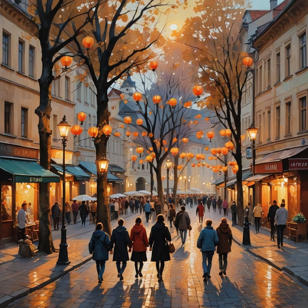 Korean Street Scene in Prague as Oil Painting
