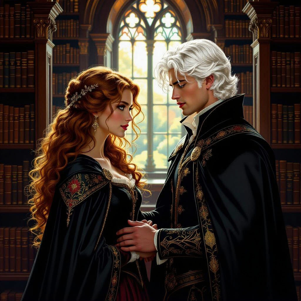 Romantic Library Scene in Vibrant Oil Painting Style