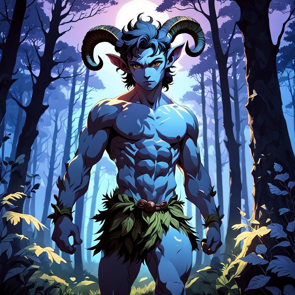 Greek Satyr in Twilight Forest, Anime Style