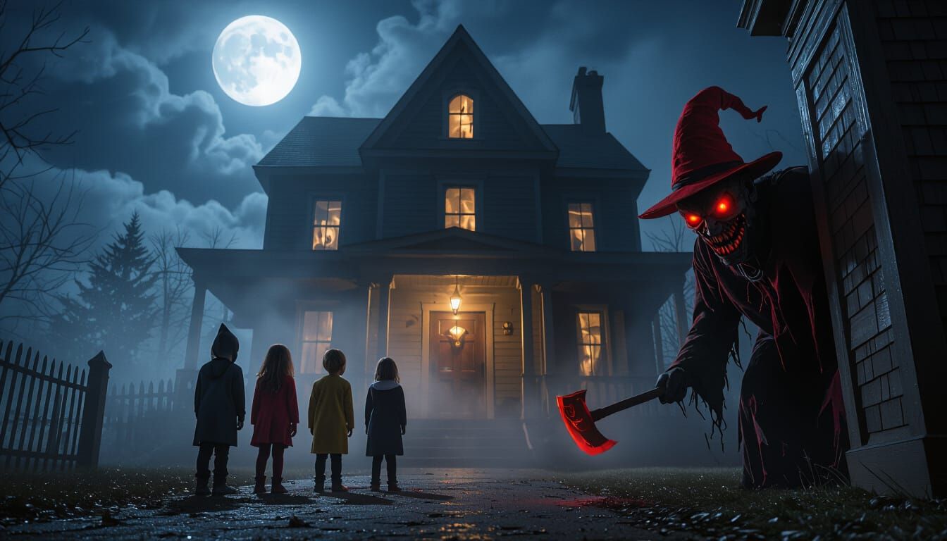 Scary Haunted House with Frightened Kids on Halloween Night