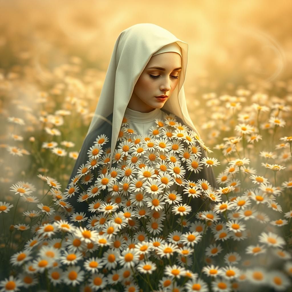 Daisies in a field that form the image of a nun ethereal fan...