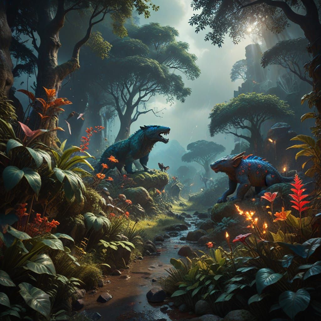 Dreamlike Jungle Scene in Vibrant, Surrealist Style