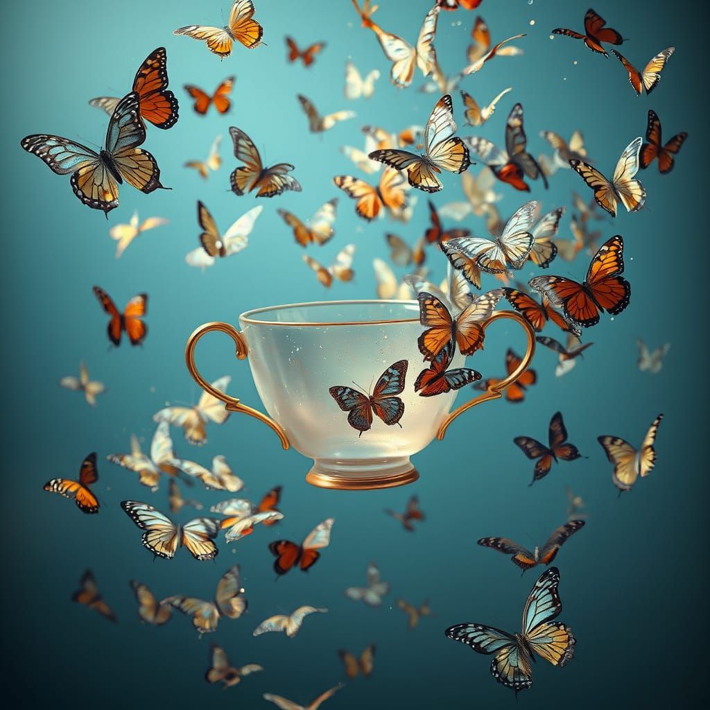 Surreal Fantasy Scene of Butterflies and Glitter in an Antiq...