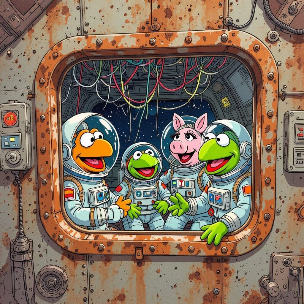Muppets Repair Spaceship in Ink Drawing Style