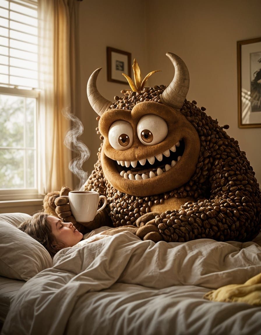 Coffee Monster Awakens Sleeping Person: Low Angle Shot