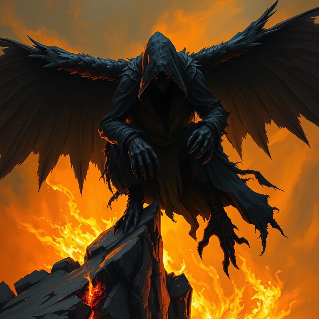 Black angel crouches on a burning cliff #01