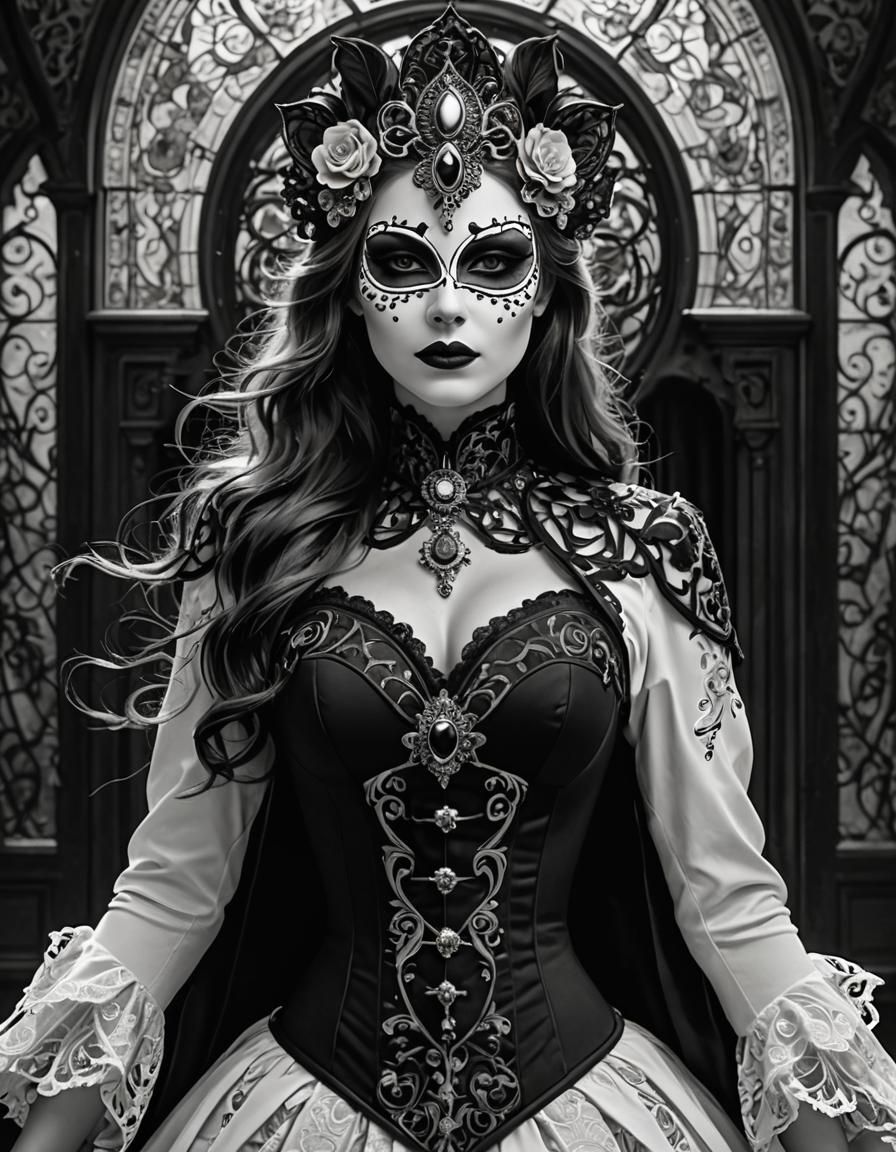 Gothic Victorian Lady in Masquerade Mask, Black and White Ph...