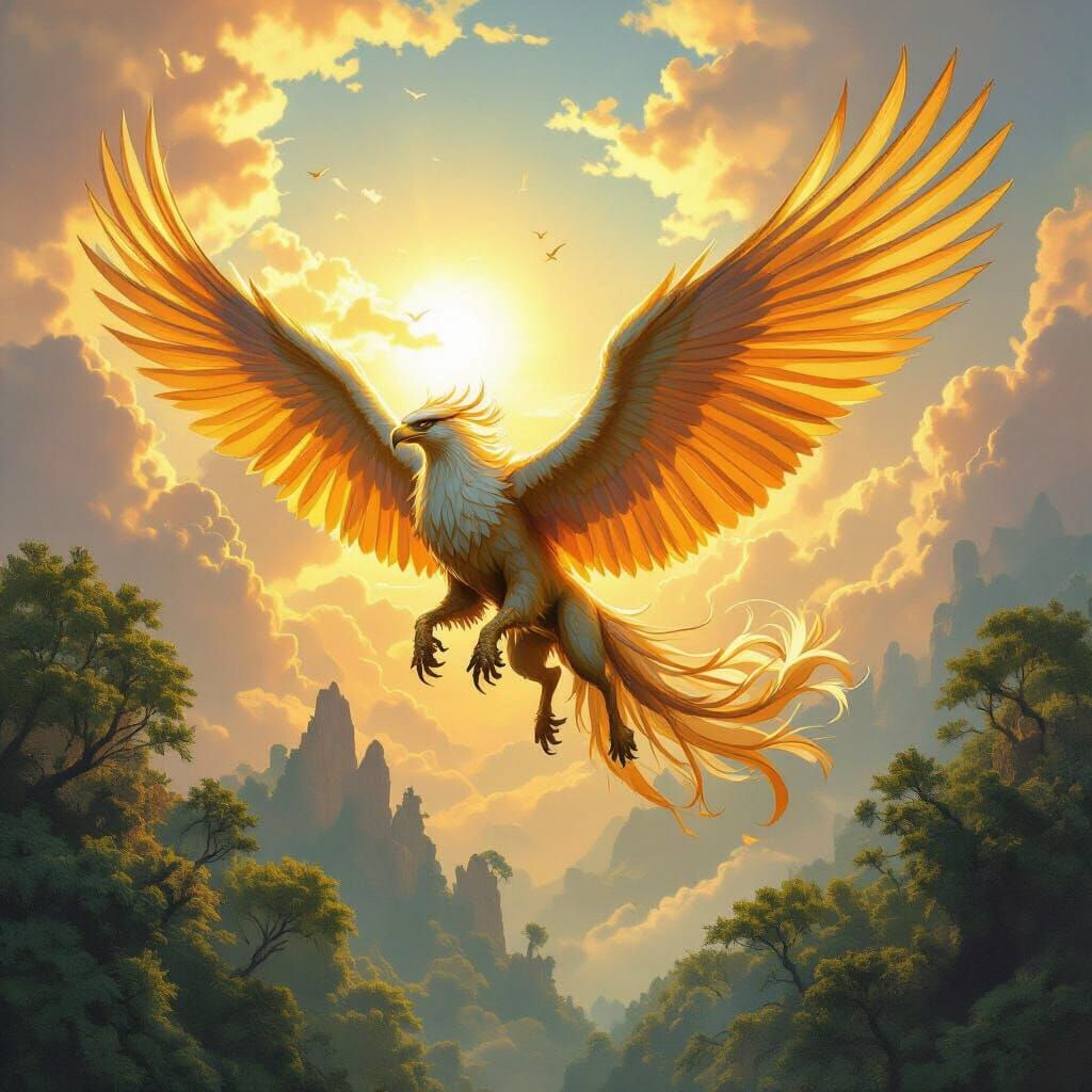 Griffin Soaring Above Ancient Forest in Fantasy Style