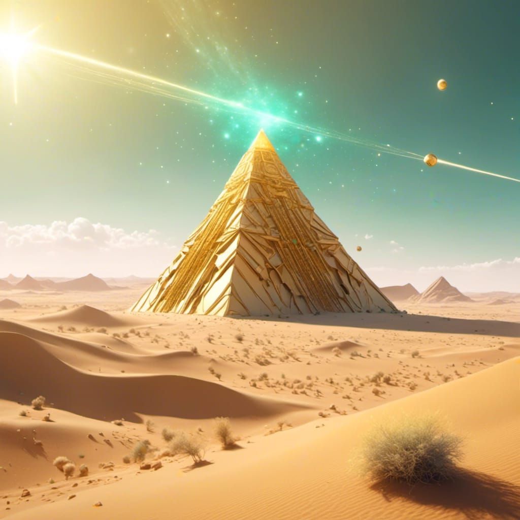 Flying Eye Pyramid Over Desert Landscape