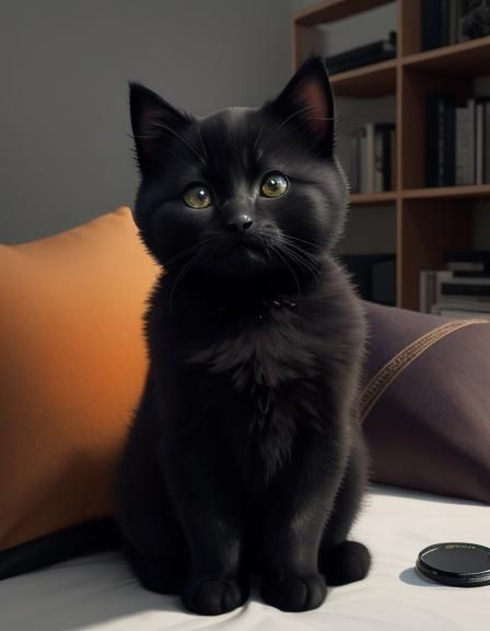 Fluffy Black Kitten on Golden Pillow: Watercolor Art