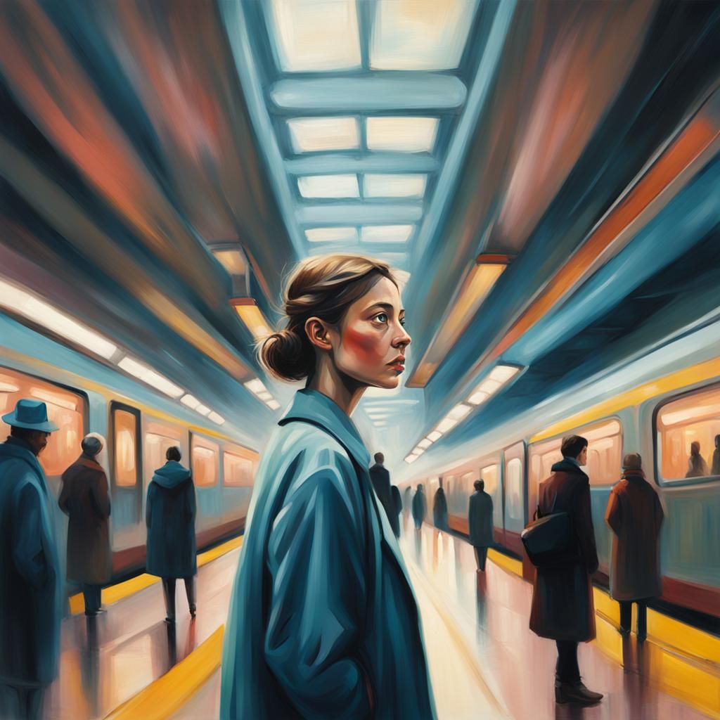 Surreal Woman in Crowded Train Station: Oil Painting