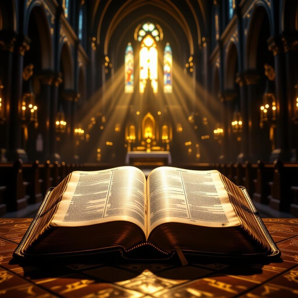 Illuminated Bible in Ornate Cathedral, Dark Sci-Fi Style