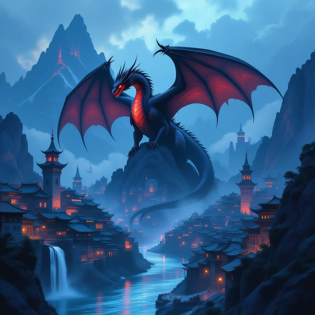 Black Dragon Erupts From Mountain Over Cyberpunk City