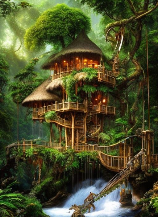 Lush Jungle Treehouse in Hyperdetailed Triadic Colors